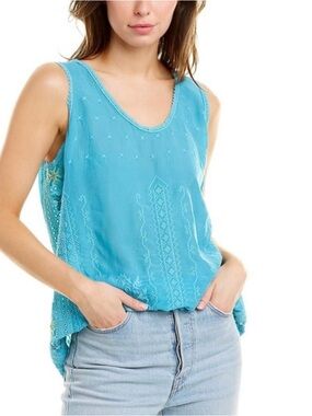Johnny Was Laurel Eisley Tank Top Marine Surfer Blue Boho Embroidered Eyelet S